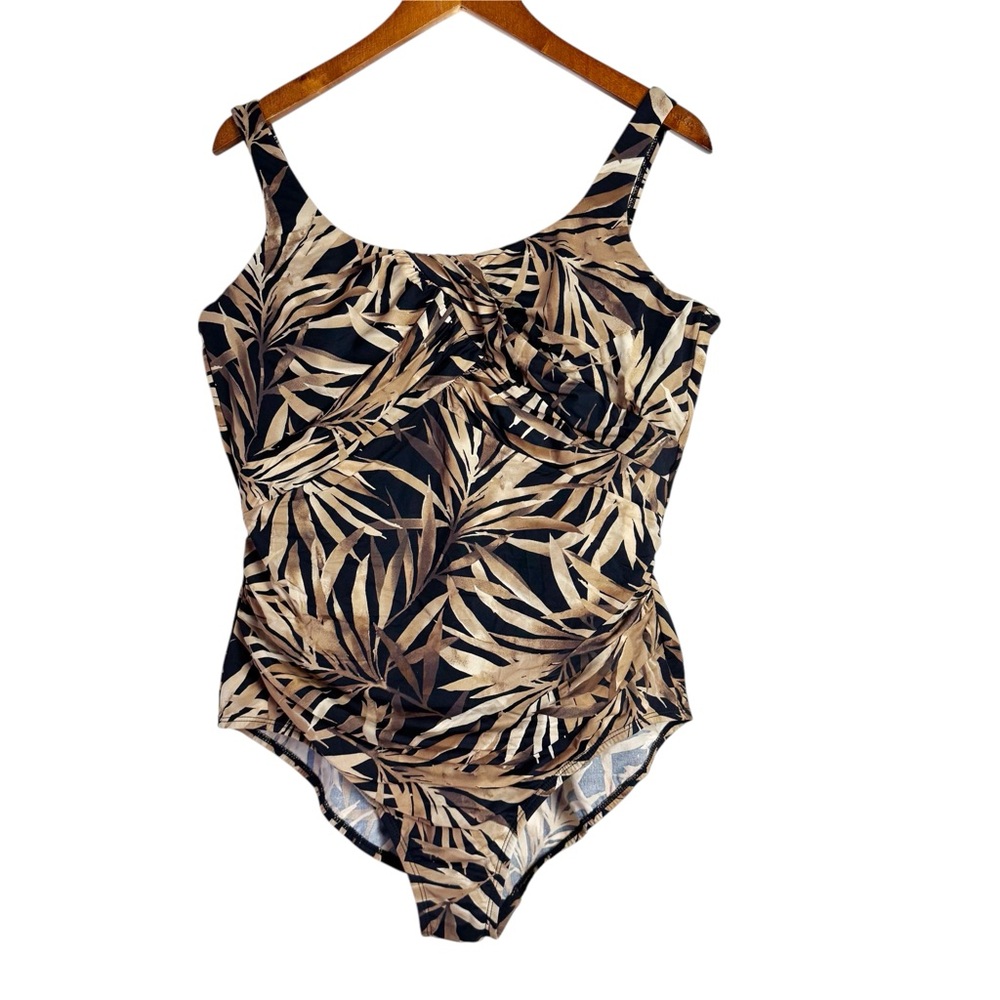 Lands' End Women's Slender Carmela One Piece Swimsuit Brown Leaf Pattern 18P